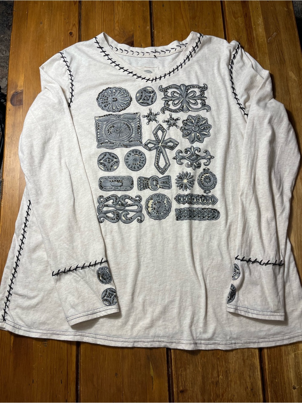 Double D Ranch Cream Top with Black Embroidery and Printed beaded Accents